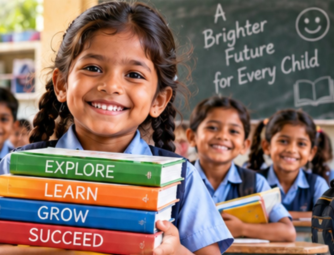 A smiling student holding a stack of books