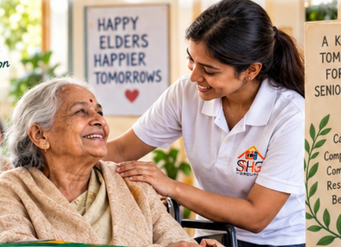 A caregiver supporting a smiling elderly woman