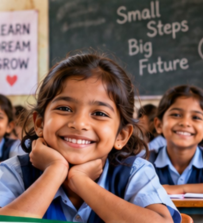 A smiling schoolgirl in a classroom