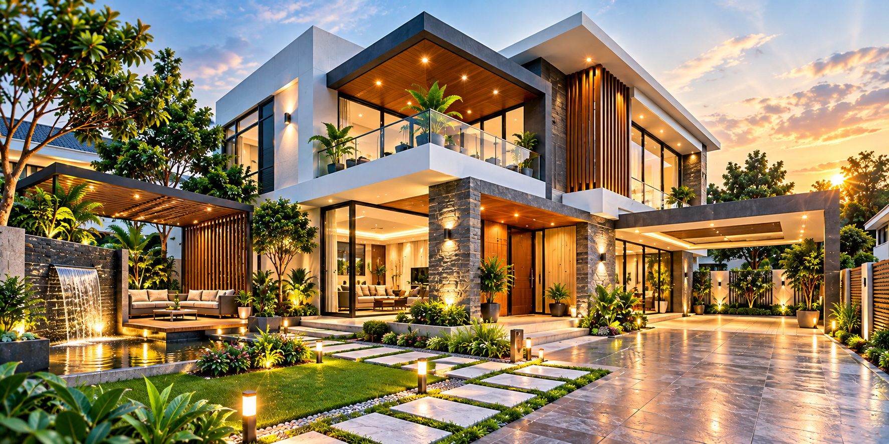 A modern SSHG-designed home exterior at sunset